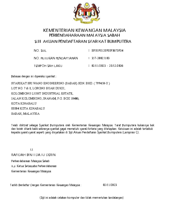 Sijil Akuan Pendaftaran Syarikat Bumiputera